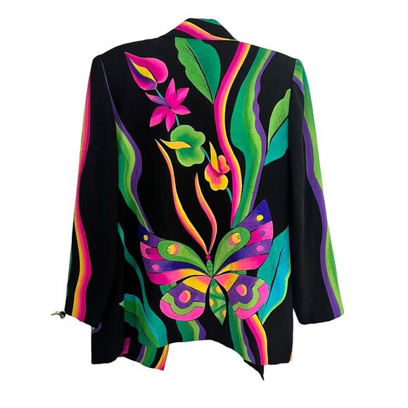 Yolanda Lorente Hand Painted 100% Silk Blazer •M• Butterfly Floral Jacket Black - Picture 2 of 10